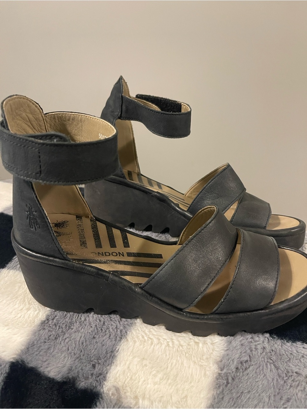 Fly London Black Leather Platform Ankle-Strap Sandals - Picture 3 of 11